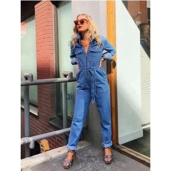 Topshop Zip-Up Belted Utility Denim Boiler Suit Blue Size 8 - Picture 1 of 13
